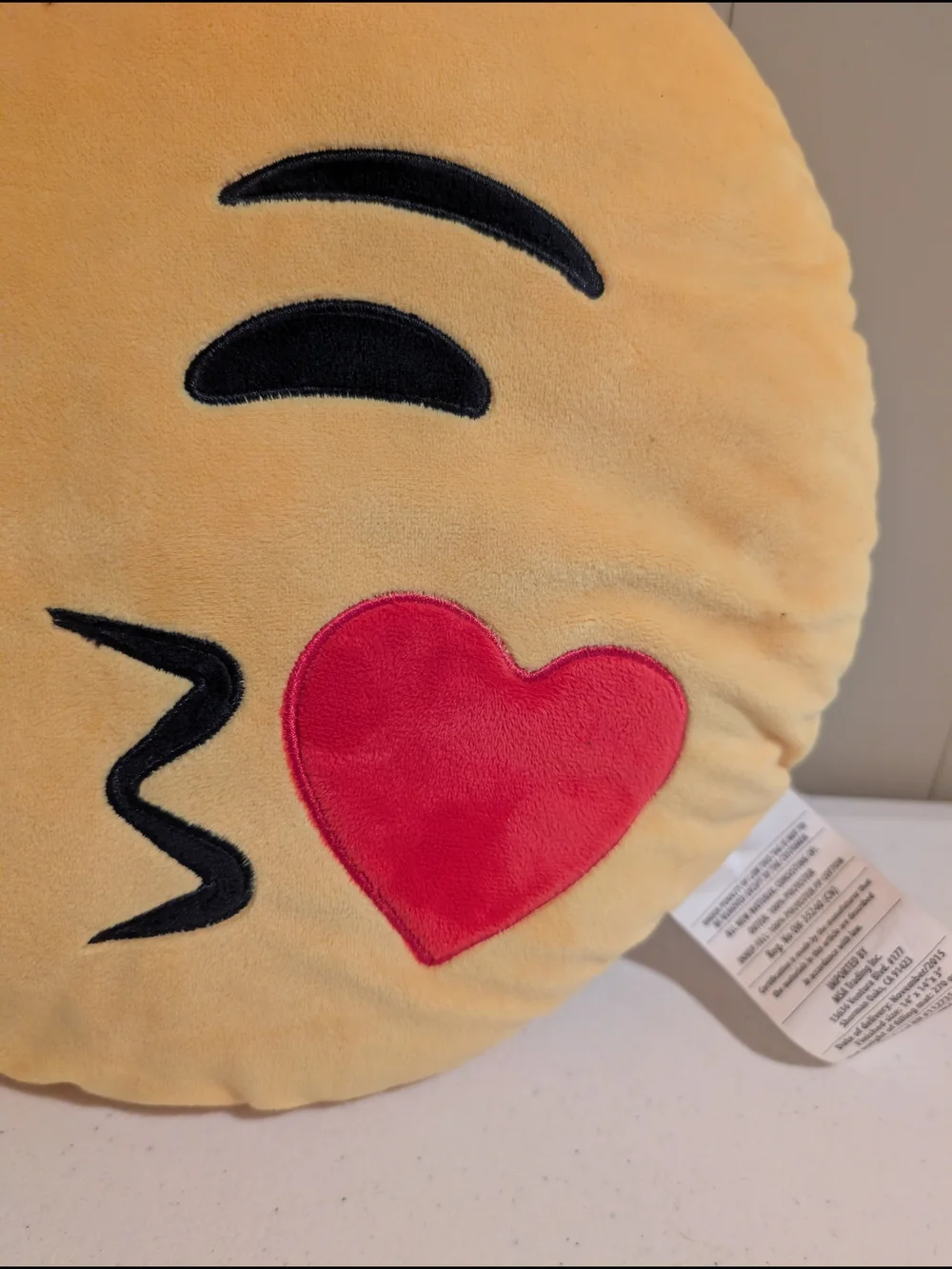Kissing Face Emoji Plush Pillow - Yellow with Red Heart